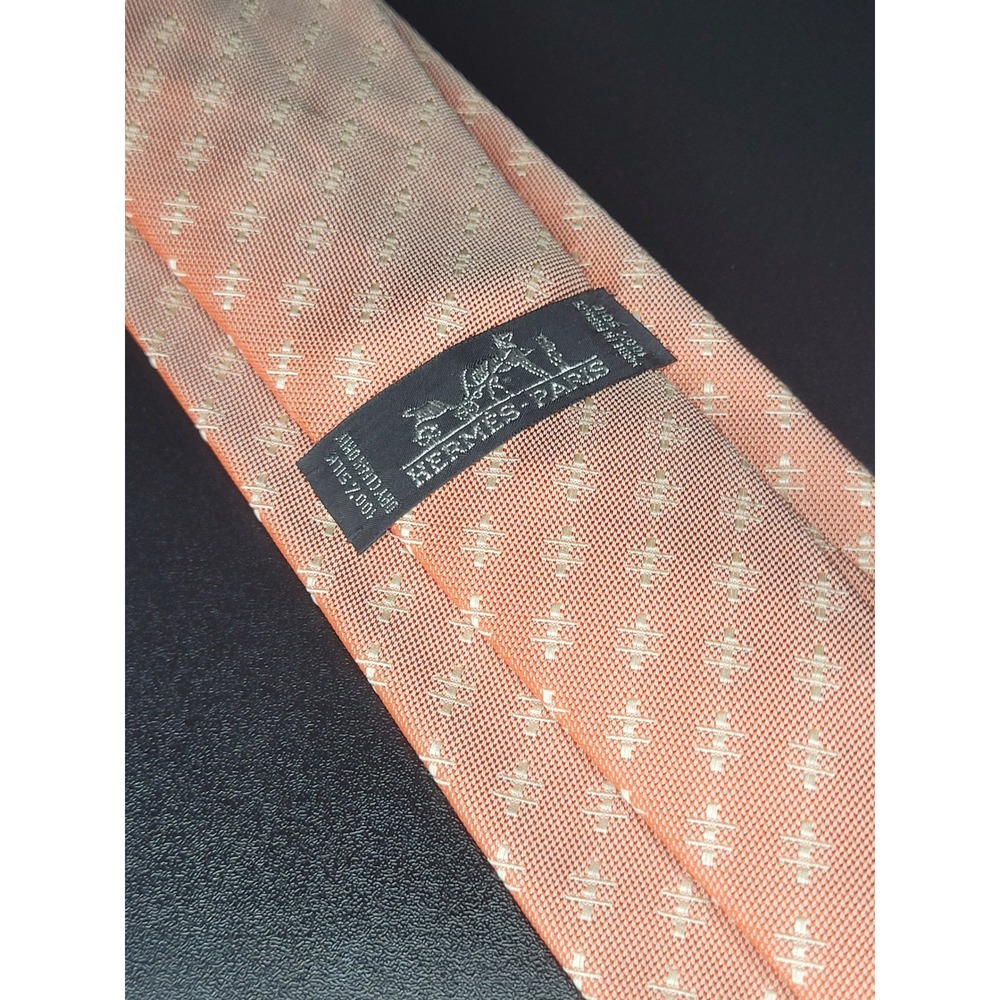 Hermes Mens Silk Necktie Orange Geometric Woven Made in France